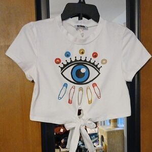 Vintage 80s Rave Punk Evil Eye Cropped T Shirt S